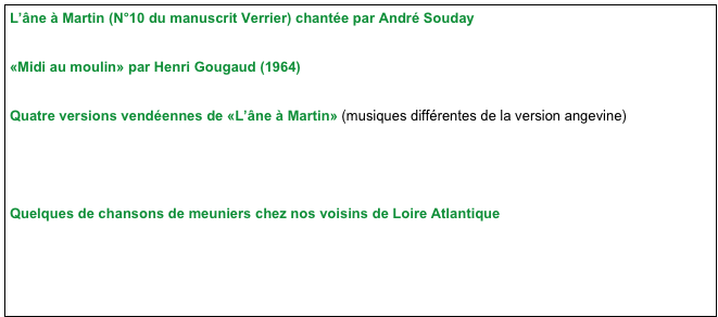 L’âne à Martin (N°10 du manuscrit Verrier) chantée par André Souday
 https://youtu.be/uqgsZlVu5G0

«Midi au moulin» par Henri Gougaud (1964)
https://www.youtube.com/watch?v=EPp3WvshyPM
 
Quatre versions vendéennes de «L’âne à Martin» (musiques différentes de la version angevine)
https://raddo-ethnodoc.com/raddo/document/110762
https://raddo-ethnodoc.com/raddo/document/111584
https://raddo-ethnodoc.com/raddo/document/111842
https://raddo-ethnodoc.com/raddo/document/112667

Quelques de chansons de meuniers chez nos voisins de Loire Atlantique
https://dastumla.blogspot.com/2016/07/161-martin-sen-revient-du-marche.html#more
https://dastumla.blogspot.com/2021/10/391-le-meunier-dans-le-coffre.html#more
https://dastumla.blogspot.com/2014/02/42-meunier-tu-dors.html#more
https://dastumla.blogspot.com/2018/07/259-meunier-tu-dors-2.html#more
https://dastumla.blogspot.com/2018/09/265-la-meuniere-du-moulin.html#more